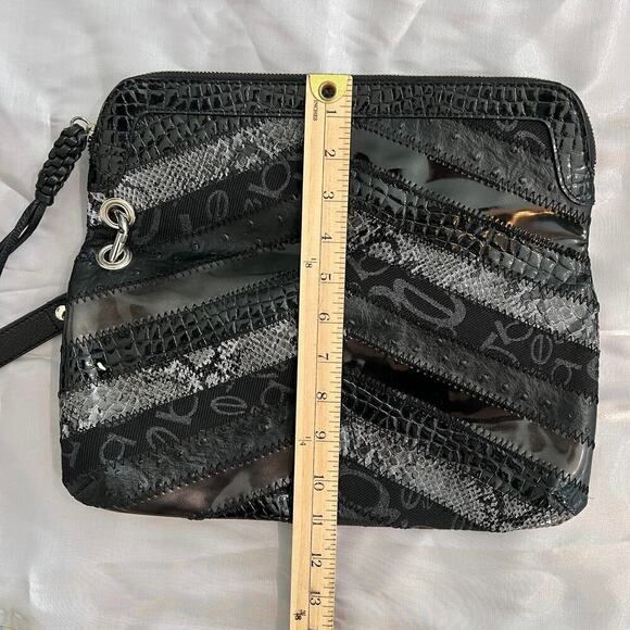 Bebe Multi Textured Black Leather Large Zip Clutch Wrist Strap Tassel Zip 7x13”